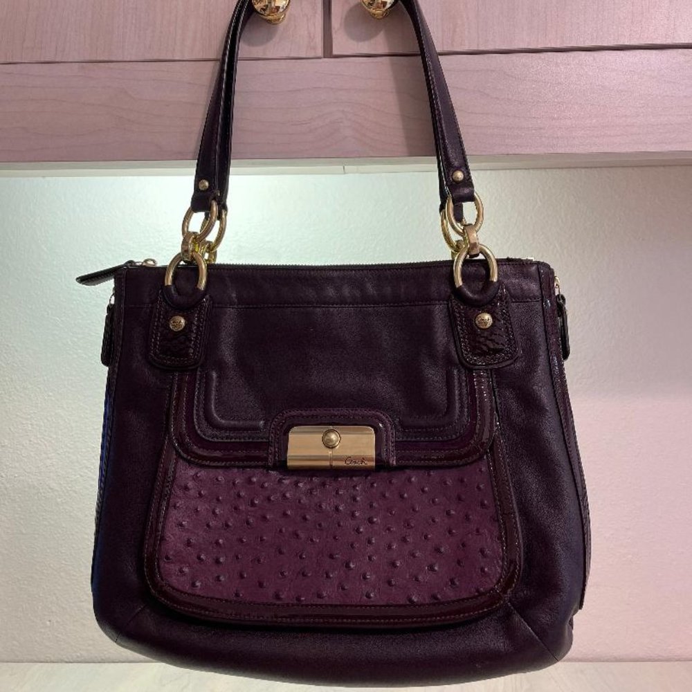 Coach Kristin Spectator Purple Brown Leather Zip Tote Bag MSRP $458